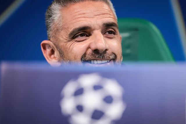 Sporting’s coach Rui Borges attends a press conference on the eve of the UEFA Champions League quarter final first leg football match against Arsenal, at Alvalade stadium in Lisbon, on April 6, 2026. (Photo by PATRICIA DE MELO MOREIRA / AFP)