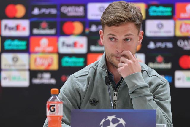Bayern Munich's German midfielder #06 Joshua Kimmich gives a press conference on the eve of the UEFA Champions League quarter final first leg football match against Real Madrid CF, at Santiago Bernabeu Stadium in Madrid, on April 6, 2026. (Photo by Thomas COEX / AFP)