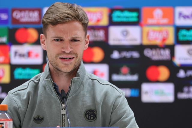 Bayern Munich's German midfielder #06 Joshua Kimmich gives a press conference on the eve of the UEFA Champions League quarter final first leg football match against Real Madrid CF, at Santiago Bernabeu Stadium in Madrid, on April 6, 2026. (Photo by Thomas COEX / AFP)