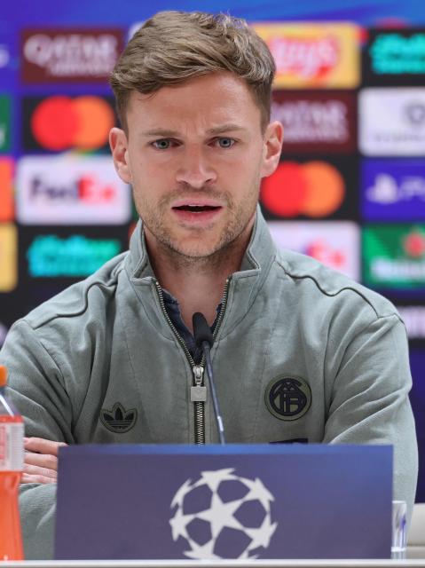 Bayern Munich's German midfielder #06 Joshua Kimmich gives a press conference on the eve of the UEFA Champions League quarter final first leg football match against Real Madrid CF, at Santiago Bernabeu Stadium in Madrid, on April 6, 2026. (Photo by Thomas COEX / AFP)