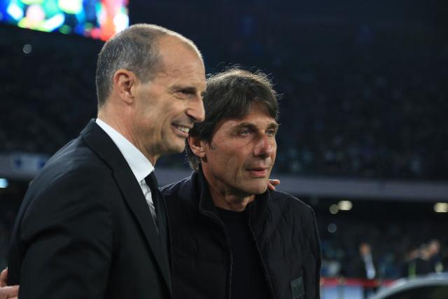 Milan's Italian coach Massimiliano Allegri (L) and Napoli's Italian Head coach Antonio Conte pose for photographers ahead of the Italian Serie A football match SSC Napoli vs AC Milan at the Diego Armando Maradona Stadium on April 6 2026. (Photo by CARLO HERMANN / AFP)