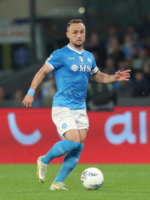 Napoli's Slovak midfielder #68 Stanislav Lobotka runs with the ball during the Italian Serie A football match between SSC Napoli and AC Milan at the Diego Armando Maradona Stadium in Naples on April 6, 2026. (Photo by CARLO HERMANN / AFP)