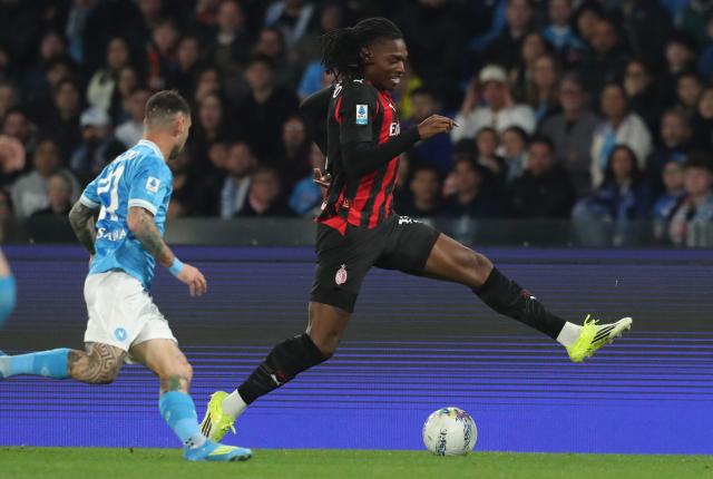 Milan's Portuguese forward #10 Rafael Leao during the Italian Serie A football match between SSC Napoli and AC Milan at the Diego Armando Maradona Stadium in Naples on April 6, 2026. (Photo by CARLO HERMANN / AFP)