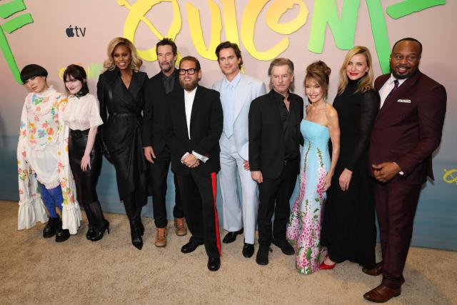 (From L) US comedian Atsuko Okatsuka, US actress Ivy Wolk, US actress Laverne Cox, Canadian actor Keanu Reeves, US actor Jonah Hill, US actor Matt Bomer, US actor David Spade, US actress Susan Lucci, US actress Cameron Diaz and US comedian Roy Wood Jr.  attend the premiere of Apple TV's "Outcome" in New York, on April 6, 2026. (Photo by ANGELA WEISS / AFP)