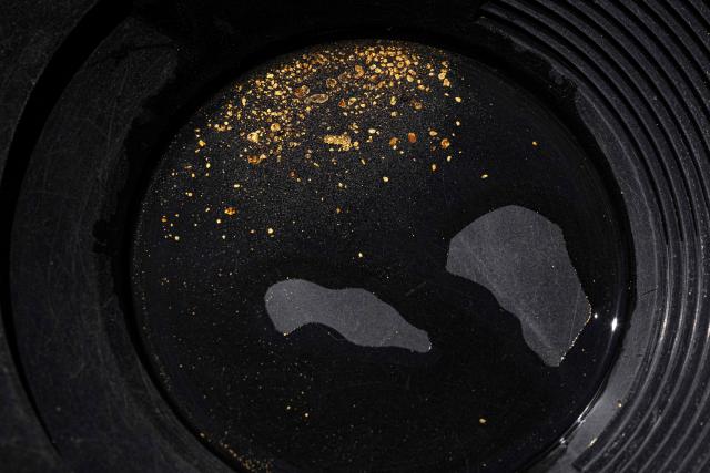 (FILES) Pieces of gold are seen at a mining camp that uses a special system to collect gold without the need to use mercury in the extraction process in the Madre de Dios department, in Peru's southeastern Amazon region, on June 6, 2024. With a record 35 candidates running in the upcoming presidential election on April 12, 2026, Peru—rich in mineral resources, renowned gastronomy, and invaluable archaeological heritage—has also long been affected by internal conflict involving the Shining Path and the Tupac Amaru Revolutionary Movement. Since 2016, the country has faced chronic political instability, marked by a succession of eight different heads of state. (Photo by Ernesto BENAVIDES / AFP)