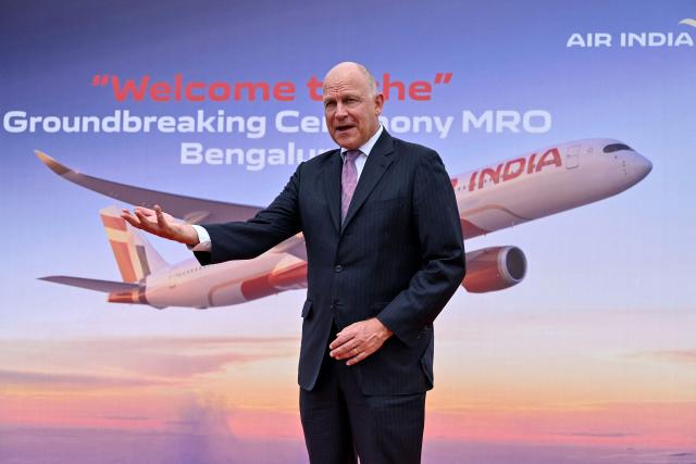(FILES) Campbell Wilson, chief executive officer (CEO) of Air India gestures during its groundbreaking ceremony of maintenance, repair, and overhaul (MRO) aircraft facility, at Kempegowda International Airport in Bengaluru on September 4, 2024. Wilson, the chief executive of Indian carrier Air India has resigned from his position, local media reported on April 7, 2026. (Photo by Idrees MOHAMMED / AFP)