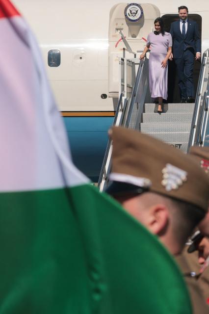 US Vice President JD Vance and his wife US second lady Usha Vance disembark Air Force Two as they arrive at Budapest Ferenc Liszt International Airport in Budapest, Hungary, April 7, 2026. US Vice President JD Vance arrived in Hungary to deliver US President Donald Trump's support to his ally, nationalist Prime Minister Viktor Orban, ahead of tightly contested parliamentary elections scheduled for April 12, 2026. (Photo by Jonathan Ernst / POOL / AFP)