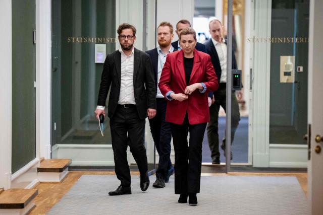 Denmark's acting Prime Minister Mette Frederiksen arrives to comment on the situation in Iran and the Strait of Hormuz, in front of the Prime Minister's Office in the Danish Parliament, Christiansborg, in Copenhagen, Denmark, on April 7, 2026. (Photo by Sebastian Elias Uth / Ritzau Scanpix / AFP) / Denmark OUT