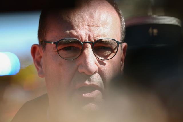 President of French railway company SNCF Jean Castex addresses media after a collision of a TGV train at a level crossing with a lorry between Bethune and Lens, in Bully-les-Mines, in the Pas-de-Calais region, northern France on April 7, 2026. The driver of the TGV train died and 27 people were injured in the accident, AFP has learnt from the prefecture and the SNCF. (Photo by Sameer AL-DOUMY / AFP)