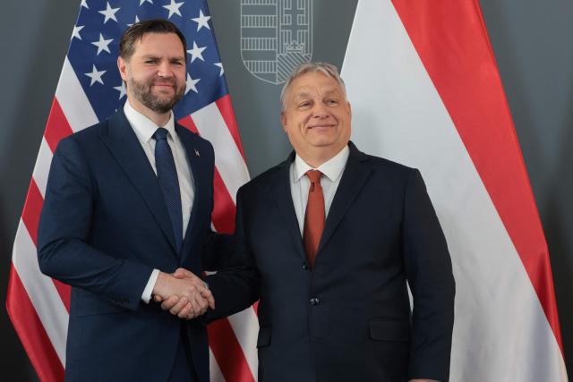 US Vice President JD Vance (L) and Hungarian Prime Minister Viktor Orban shake hands as they meet in Budapest, Hungary, April 7, 2026. US Vice President JD Vance arrived in Hungary to deliver US President Donald Trump's support to his ally, nationalist Prime Minister Viktor Orban, ahead of tightly contested parliamentary elections scheduled for April 12, 2026. (Photo by Jonathan Ernst / POOL / AFP)