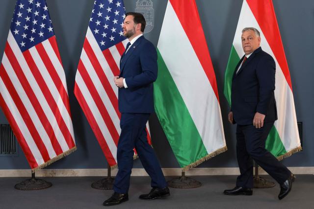 US Vice President JD Vance (L) and Hungarian Prime Minister Viktor Orban arrive to pose for a photo as they meet in Budapest, Hungary, April 7, 2026. US Vice President JD Vance arrived in Hungary to deliver US President Donald Trump's support to his ally, nationalist Prime Minister Viktor Orban, ahead of tightly contested parliamentary elections scheduled for April 12, 2026. (Photo by Jonathan Ernst / POOL / AFP)