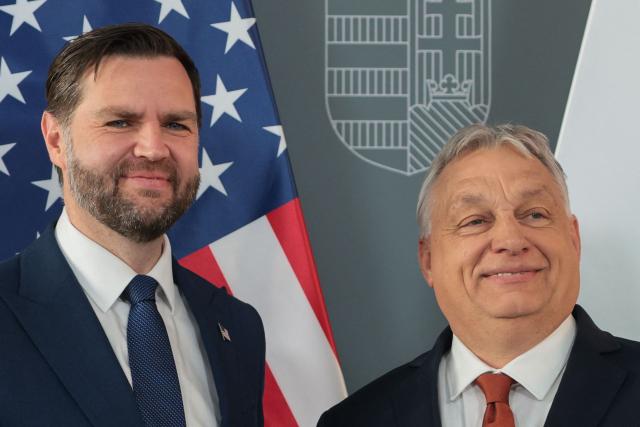 US Vice President JD Vance (L) and Hungarian Prime Minister Viktor Orban pose for a photo as they meet in Budapest, Hungary, April 7, 2026. US Vice President JD Vance arrived in Hungary to deliver US President Donald Trump's support to his ally, nationalist Prime Minister Viktor Orban, ahead of tightly contested parliamentary elections scheduled for April 12, 2026. (Photo by Jonathan Ernst / POOL / AFP)