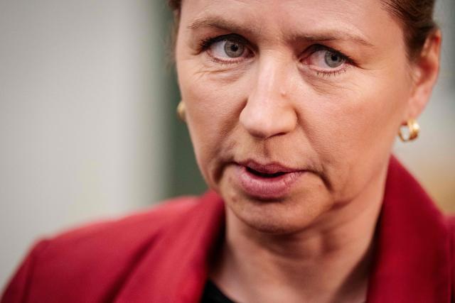 Denmark's acting Prime Minister Mette Frederiksen speaks with journalists to comment on the situation in Iran and the Strait of Hormuz, in front of the Prime Minister's Office in the Danish Parliament, Christiansborg, in Copenhagen, Denmark, on April 7, 2026. (Photo by Sebastian Elias Uth / Ritzau Scanpix / AFP) / Denmark OUT