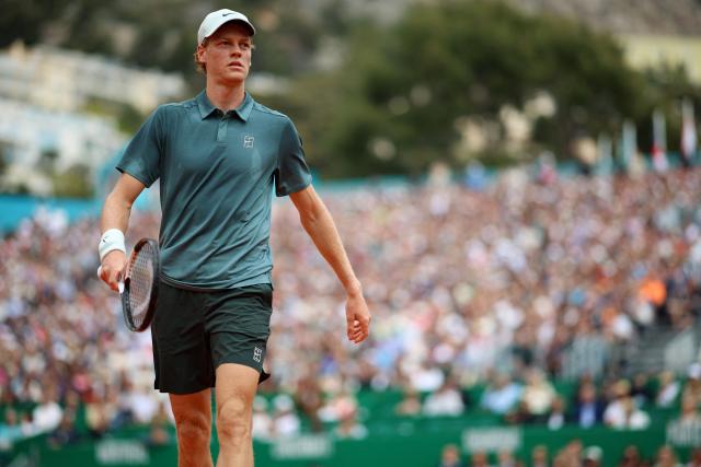 Italy's Jannik Sinner looks on as he plays against France's Ugo Humbert during the Monte Carlo ATP Masters Series Tournament round of 64 tennis match on Court Rainier III at the Monte-Carlo Country Club in Roquebrune-Cap-Martin, south-eastern France on April 7, 2026. (Photo by Valery HACHE / AFP)