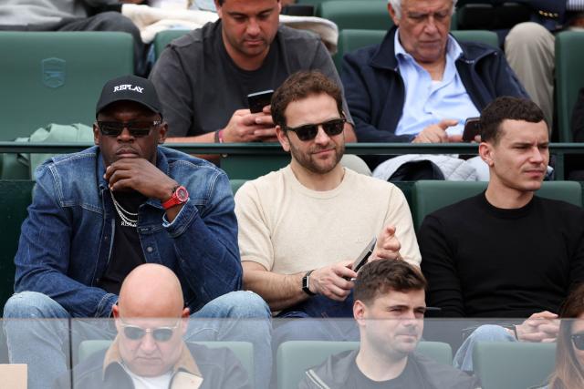 (From L) Jamaican former sprinter Usain Bolt, Italian actor Alessandro Borghi and German-Spanish actor Aron Piper attend the Monte Carlo ATP Masters Series Tournament round of 64 tennis match between Italy's Jannik Sinner and France's Ugo Humbert on Court Rainier III at the Monte-Carlo Country Club in Roquebrune-Cap-Martin, south-eastern France on April 7, 2026. (Photo by Valery HACHE / AFP)