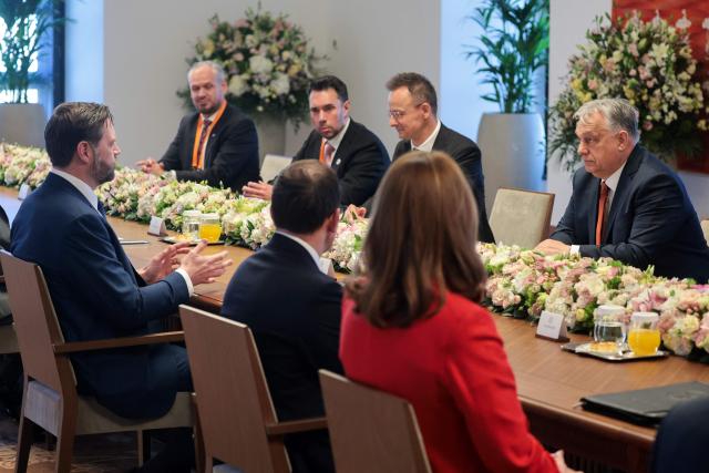 US Vice President JD Vance (L), Hungarian Prime Minister Viktor Orban (R), Hungarian Foreign Minister Peter Szijjarto and other members of the delegations attend a meeting in Budapest, Hungary, on April 7, 2026. (Photo by Jonathan Ernst / POOL / AFP)
