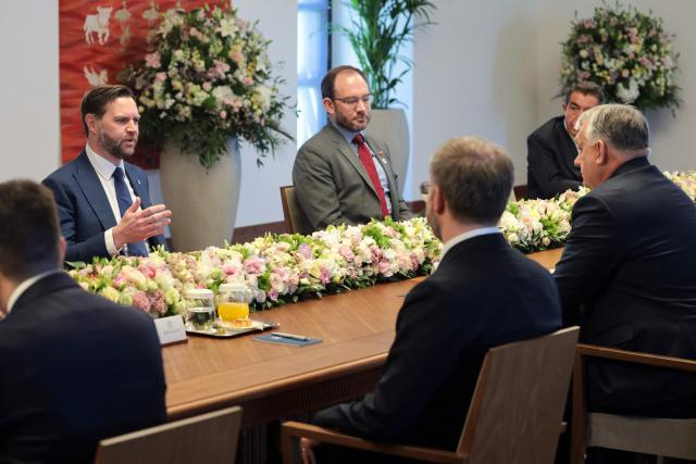 US Vice President JD Vance (2ndL), Hungarian Prime Minister Viktor Orban (R) and other members of the delegations attend a meeting in Budapest, Hungary, on April 7, 2026. (Photo by Jonathan Ernst / POOL / AFP)