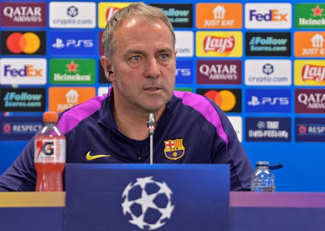 Barcelona's German coach Hans-Dieter Flick gives a press conference on the eve of their UEFA Champions League quarter final football match against Club Atletico de Madrid at the Joan Gamper training ground in Sant Joan Despi, near Barcelona, on April 7, 2026. (Photo by MANAURE QUINTERO / AFP)