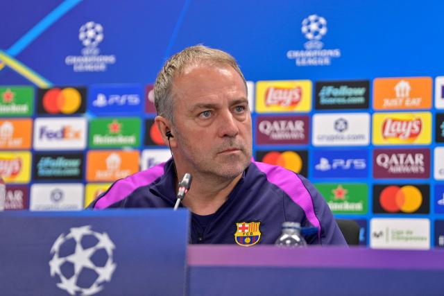 Barcelona's German coach Hans-Dieter Flick gives a press conference on the eve of their UEFA Champions League quarter final football match against Club Atletico de Madrid at the Joan Gamper training ground in Sant Joan Despi, near Barcelona, on April 7, 2026. (Photo by MANAURE QUINTERO / AFP)