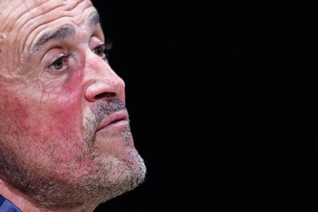 Paris Saint-Germain's Spanish coach Luis Enrique addresses media representatives during a press conference at the Campus Paris Saint-Germain in Poissy, on the western outskirts of Paris on April 7, 2026, on the eve of the UEFA Champions League quarter-final first leg football match against Liverpool F.C. (Photo by FRANCK FIFE / AFP)