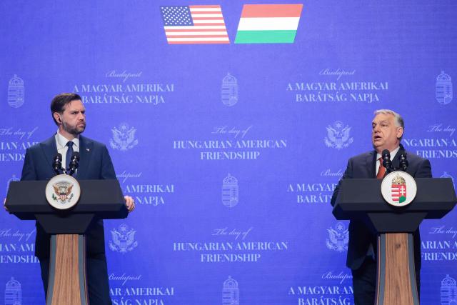 Hungarian Prime Minister Viktor Orban (R) and US Vice President JD Vance give a joint press conference with the US Vice President in Budapest, Hungary, April 7, 2026. US Vice President JD Vance arrived in Hungary to deliver US President Donald Trump's support to his ally, nationalist Prime Minister Viktor Orban, ahead of tightly contested parliamentary elections scheduled for April 12, 2026. (Photo by Jonathan Ernst / POOL / AFP)