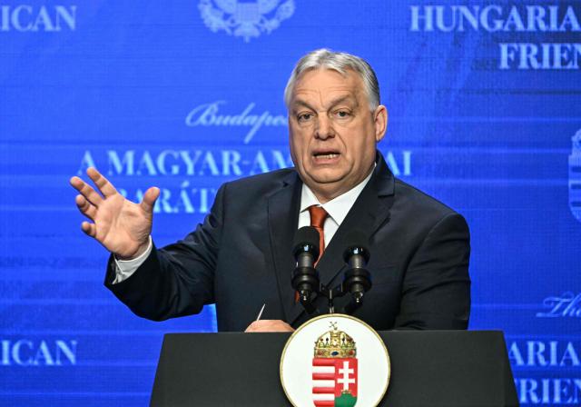 Hungarian Prime Minister Viktor Orban speaks during a joint press conference with the US Vice President (unseen) in Budapest, Hungary, April 7, 2026. US Vice President JD Vance arrived in Hungary to deliver the US President's support to his ally, nationalist Prime Minister Viktor Orban, ahead of tightly contested parliamentary elections scheduled for April 12, 2026. (Photo by Attila KISBENEDEK / AFP)