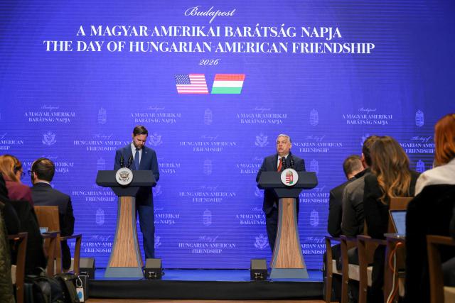 US Vice President JD Vance (L) and Hungarian Prime Minister Viktor Orban address a joint press conference at the Carmelite Monastery of Buda, seat of the Hungarian premier, in Budapest on April 7, 2026. US Vice President JD Vance arrived in Hungary to deliver the US President's support to his ally, nationalist Prime Minister Viktor Orban, ahead of tightly contested parliamentary elections scheduled for April 12, 2026. (Photo by Jonathan Ernst / POOL / AFP)
