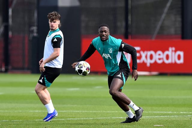 Liverpool's French defender #05 Ibrahima Konate attends a team training session at their training ground in Kirkby, Liverpool, north-west England on April 7, 2026, on the eve of their UEFA Champions League, quarter final first leg football match against Paris Saint-Germain. (Photo by PETER POWELL / AFP)