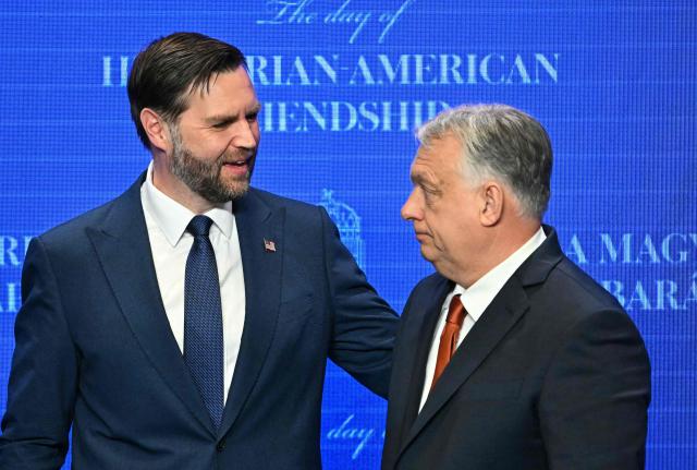Hungary's Prime Minister Viktor Orban (R) and US Vice President JD Vance look at each other after a joint press conference in Budapest, Hungary, April 7, 2026. US Vice President JD Vance arrived in Hungary to deliver the US President's support to his ally, nationalist Prime Minister Viktor Orban, ahead of tightly contested parliamentary elections scheduled for April 12, 2026. (Photo by Attila KISBENEDEK / AFP)