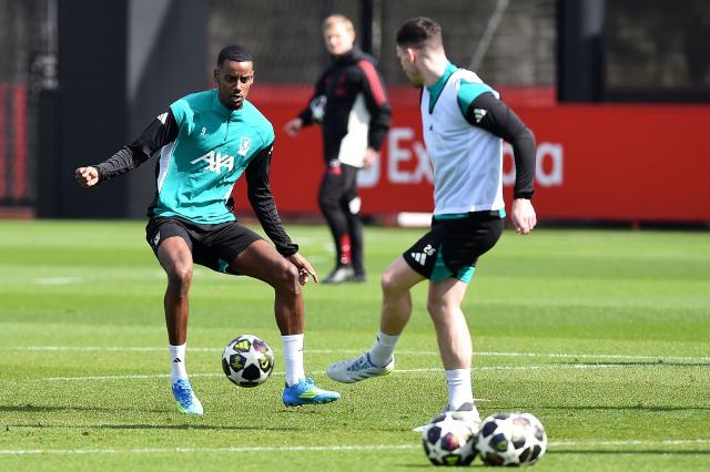 Liverpool's Swedish striker #09 Alexander Isak attends a team training session at their training ground in Kirkby, Liverpool, north-west England on April 7, 2026, on the eve of their UEFA Champions League, quarter final first leg football match against Paris Saint-Germain. (Photo by PETER POWELL / AFP)