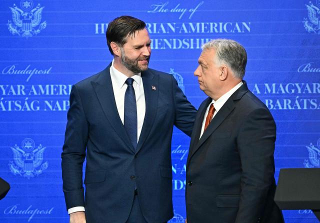 Hungary's Prime Minister Viktor Orban (R) and US Vice President JD Vance leave after a joint press conference in Budapest, Hungary, April 7, 2026. US Vice President JD Vance arrived in Hungary to deliver the US President's support to his ally, nationalist Prime Minister Viktor Orban, ahead of tightly contested parliamentary elections scheduled for April 12, 2026. (Photo by Attila KISBENEDEK / AFP)