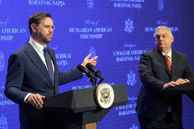 US Vice President JD Vance (L) and Hungarian Prime Minister Viktor Orban address a joint press conference at the Carmelite Monastery of Buda, seat of the Hungarian premier, in Budapest on April 7, 2026. US Vice President JD Vance arrived in Hungary to deliver the US President's support to his ally, nationalist Prime Minister Viktor Orban, ahead of tightly contested parliamentary elections scheduled for April 12, 2026. (Photo by Jonathan Ernst / POOL / AFP)
