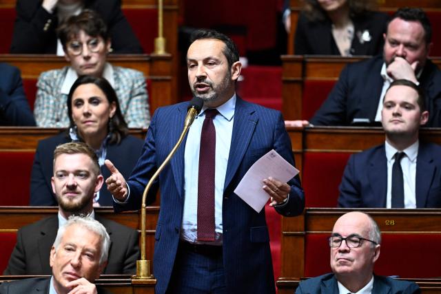 Rassemblement National's MP and National Assembly vice-president Sebastien Chenu speaks during a session of questions to the government at The National Assembly, France's lower house of parliament in Paris on April 7, 2026. (Photo by JULIEN DE ROSA / AFP)