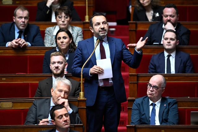 Rassemblement National's MP and National Assembly vice-president Sebastien Chenu speaks during a session of questions to the government at The National Assembly, France's lower house of parliament in Paris on April 7, 2026. (Photo by JULIEN DE ROSA / AFP)