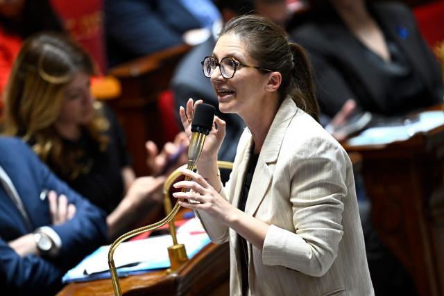 France's junior Minister in charge of equality Aurore Berge answers during a session of questions to the government at The National Assembly, France's lower house of parliament in Paris on April 7, 2026. (Photo by JULIEN DE ROSA / AFP)