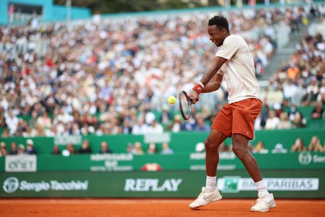 France's Gael Monfils plays a backhand return to Kazakhstan's Alexander Bublik during the Monte Carlo ATP Masters Series Tournament round of 64 tennis match on Court Rainier III at the Monte-Carlo Country Club in Roquebrune-Cap-Martin, south-eastern France on April 7, 2026. (Photo by Valery HACHE / AFP)