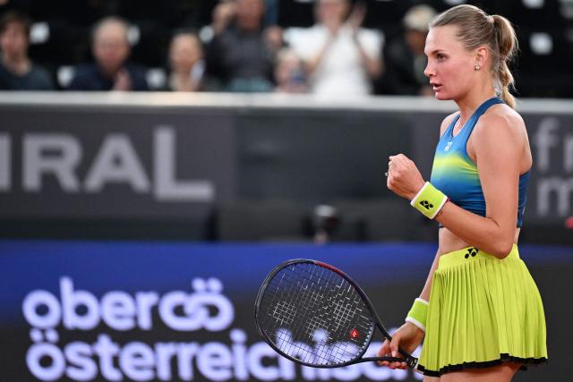 Ukraine's Dayana Yastremska reacts as she plays against USA's Ann Li during their women's singles match of the WTA Upper Austria Ladies Linz tennis tournament in Linz, Austria on April 7, 2026. Yastremska won the match 7-5, 4-6 and 6-3. (Photo by BARBARA GINDL / APA / AFP) / Austria OUT