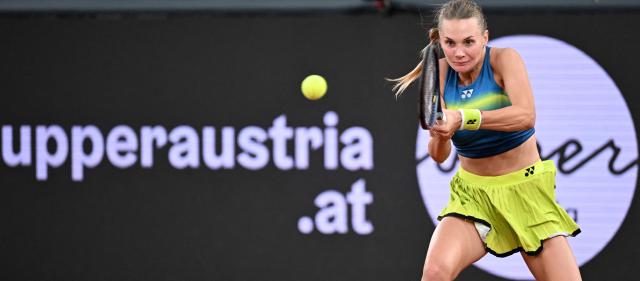 Ukraine's Dayana Yastremska hits a return to USA's Ann Li during their women's singles match of the WTA Upper Austria Ladies Linz tennis tournament in Linz, Austria on April 7, 2026. (Photo by BARBARA GINDL / APA / AFP) / Austria OUT