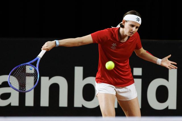 Belgium's Greet Minnen plays a shot during a team training session ahead of a qualifying match between Belgium and US for the Billie Jean King Cup in Ostend on April 7, 2026, scheduled for April 10 and 11. (Photo by KURT DESPLENTER / Belga / AFP) / Belgium OUT