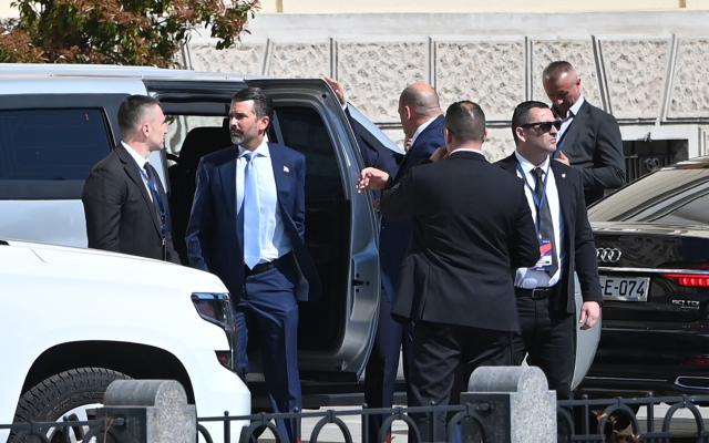 US businessman Donald Trump Jr (2nd-L) arrives to meet a group of Bosnian Serb political leaders, as well as a select group of businessmen close to the ruling party in the political entity within Bosnia and Herzegovina in Banja Luka on April 7, 2026. (Photo by AFP)