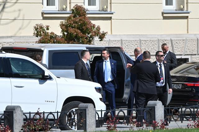 US businessman Donald Trump Jr (2nd-L) arrives to meet a group of Bosnian Serb political leaders, as well as a select group of businessmen close to the ruling party in the political entity within Bosnia and Herzegovina in Banja Luka on April 7, 2026. (Photo by AFP)