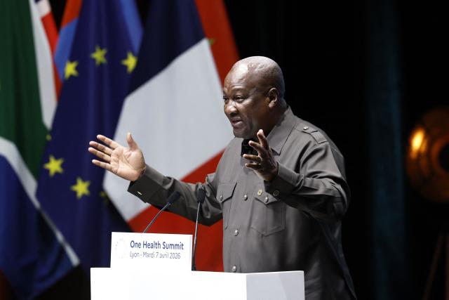 Ghana’s President John Dramani Mahama delivers his speech during the opening session of "One Health Summit" high-level meeting in Lyon, southern France on April 7, 2026, on the occasion of World Health Day. (Photo by Christophe PETIT TESSON / POOL / AFP)