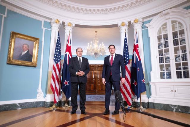 US Secretary of State Marco Rubio (R) and New Zealand Foreign Minister Winston Peters (L) speak with the press prior to meetings at the State Department in Washington, DC, on April 7, 2026. (Photo by SAUL LOEB / AFP)