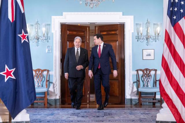 US Secretary of State Marco Rubio (R) and New Zealand Foreign Minister Winston Peters (L) walk together on their way to give brief remarks to the press prior to meetings at the State Department in Washington, DC, on April 7, 2026. (Photo by SAUL LOEB / AFP)