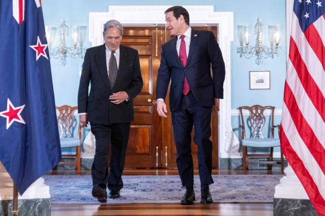 US Secretary of State Marco Rubio (R) and New Zealand Foreign Minister Winston Peters (L) walk together on their way to give brief remarks to the press prior to meetings at the State Department in Washington, DC, on April 7, 2026. (Photo by SAUL LOEB / AFP)
