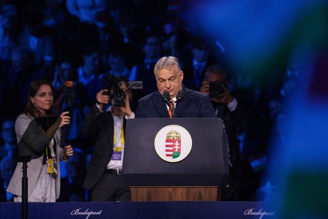 Hungarian Prime Minister Viktor Orban speaks at a rally supported by US Vice President JD Vance (not in picture) at the MTK Sportpark in Budapest on April 7, 2026. US Vice President JD Vance is in Hungary to deliver the US President's support to his ally, nationalist Prime Minister Viktor Orban, ahead of tightly contested parliamentary elections scheduled for April 12, 2026. (Photo by Jonathan Ernst / POOL / AFP)