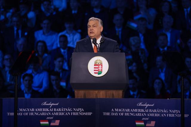 Hungarian Prime Minister Viktor Orban speaks at a rally supported by US Vice President JD Vance (not in picture) at the MTK Sportpark in Budapest on April 7, 2026. US Vice President JD Vance is in Hungary to deliver the US President's support to his ally, nationalist Prime Minister Viktor Orban, ahead of tightly contested parliamentary elections scheduled for April 12, 2026. (Photo by Jonathan Ernst / POOL / AFP)