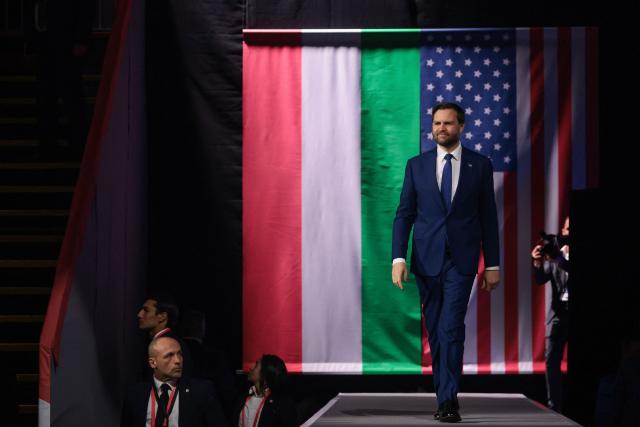 US Vice President JD Vance walks on stage to deliver speak at a "Day of Friendship" event with Hungarian Prime Minister Viktor Orban (not in picture) at MTK Sportpark in Budapest, Hungary on April 7, 2026. US Vice President JD Vance is in Hungary to deliver the US President's support to his ally, nationalist Prime Minister Viktor Orban, ahead of tightly contested parliamentary elections scheduled for April 12, 2026. (Photo by Jonathan Ernst / POOL / AFP)