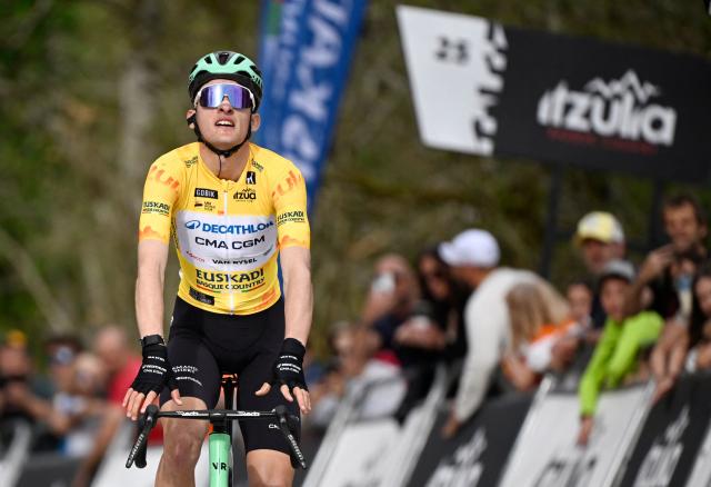 Current overall ranking leader Team Decathlon CMA CGM's French rider Paul Seixas celebrates winning the second stage of the Basque Country's Itzulia cycling tour, a 164.1 km race between Pamplona and Mendukilo cave, near Astitz, on April 7, 2026. French youngster Paul Seixas stretched his overall lead at the Tour of the Basque Country today after a powerful breakaway on the final main climb of the second stage. (Photo by ANDER GILLENEA / AFP)