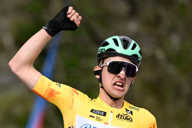 Current overall ranking leader Team Decathlon CMA CGM's French rider Paul Seixas celebrates winning the second stage of the Basque Country's Itzulia cycling tour, a 164.1 km race between Pamplona and Mendukilo cave, near Astitz, on April 7, 2026. French youngster Paul Seixas stretched his overall lead at the Tour of the Basque Country today after a powerful breakaway on the final main climb of the second stage. (Photo by ANDER GILLENEA / AFP)